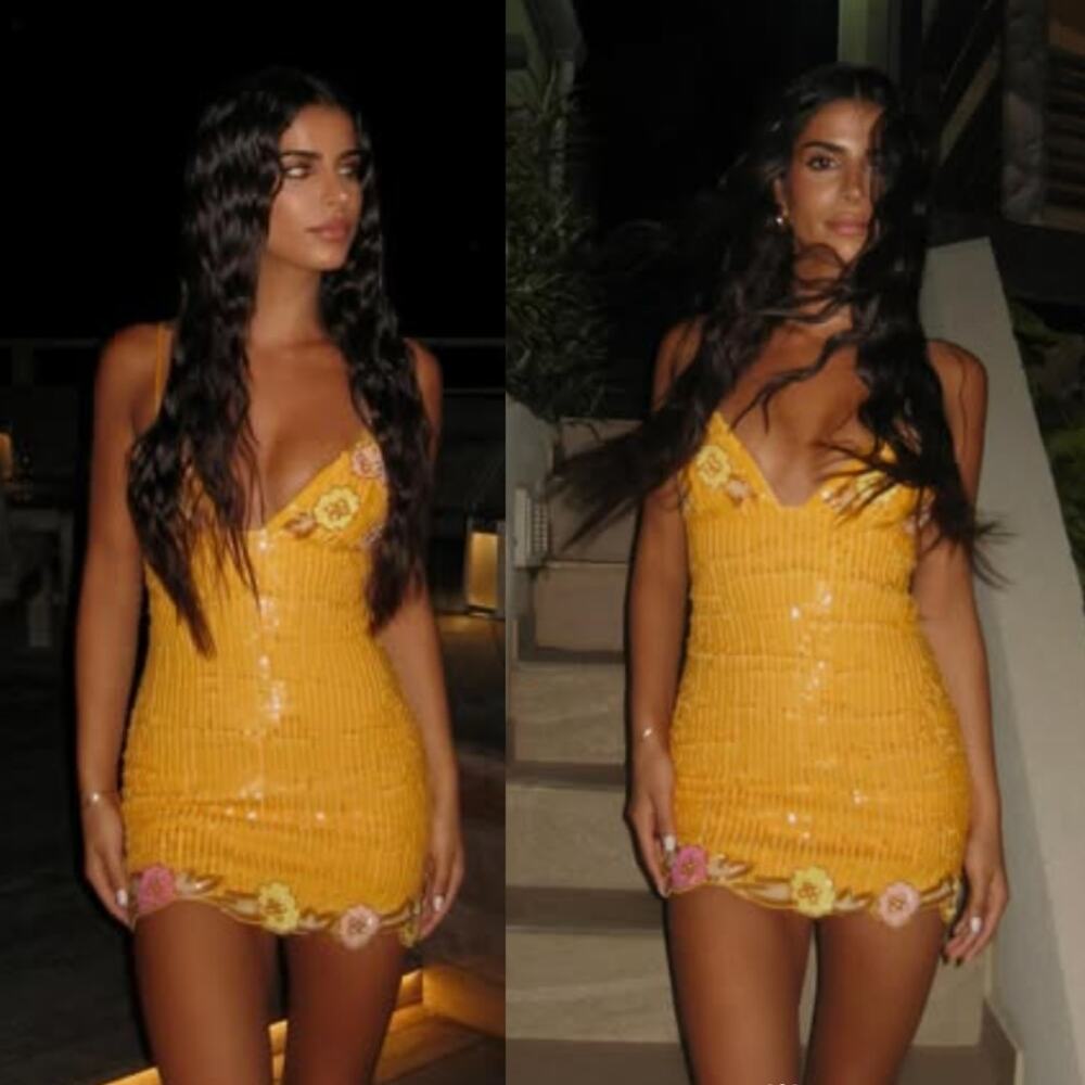 MAJORELLE Yellow Crochet Mini Dress with Floral Trim